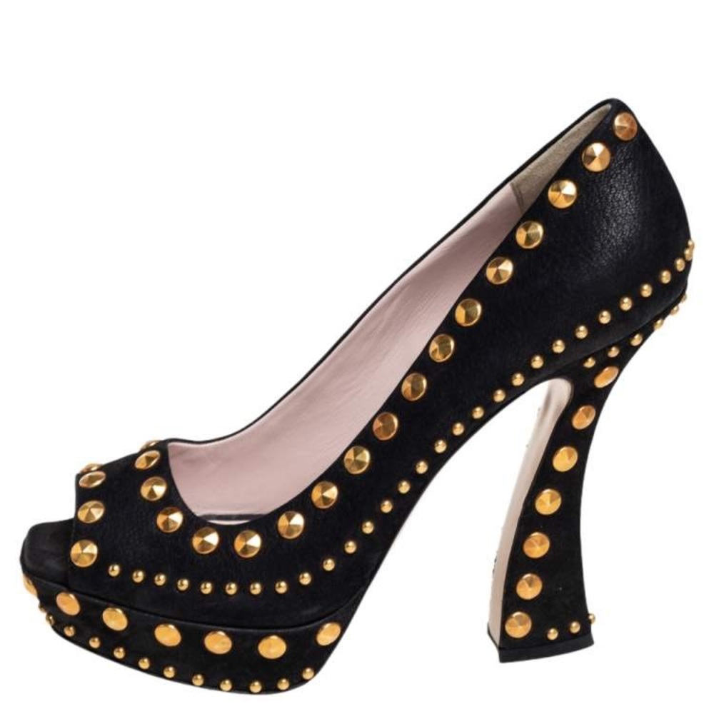 🤩STUNNING Miu Miu by Prada Suede Nubuck Leather Gold Studded Peep Toe Heels